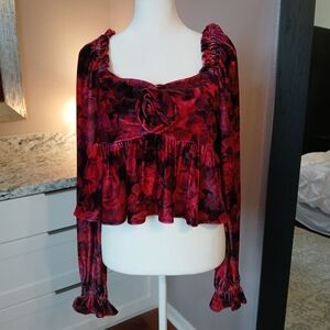 Chelsea & Violet Roses Crop Velour Red Long Sleeve Blouse NWT Size M